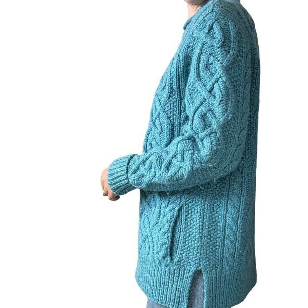 Vintage Womens Teal Blue 100% Wool Chunky Fisherman Celtic Cardigan Sz L - Picture 5 of 6